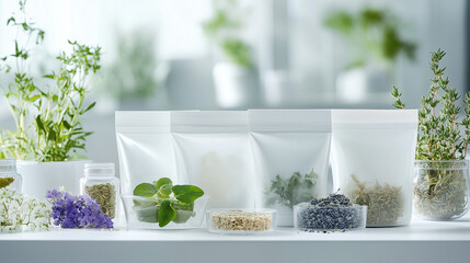 Obraz premium Torebki wypełnione ziołami. co pozwala skupić się na naturalnych produktach. Każdy element sugeruje holistyczne podejście do pielęgnacji, łącząc nowoczesność z naturą.