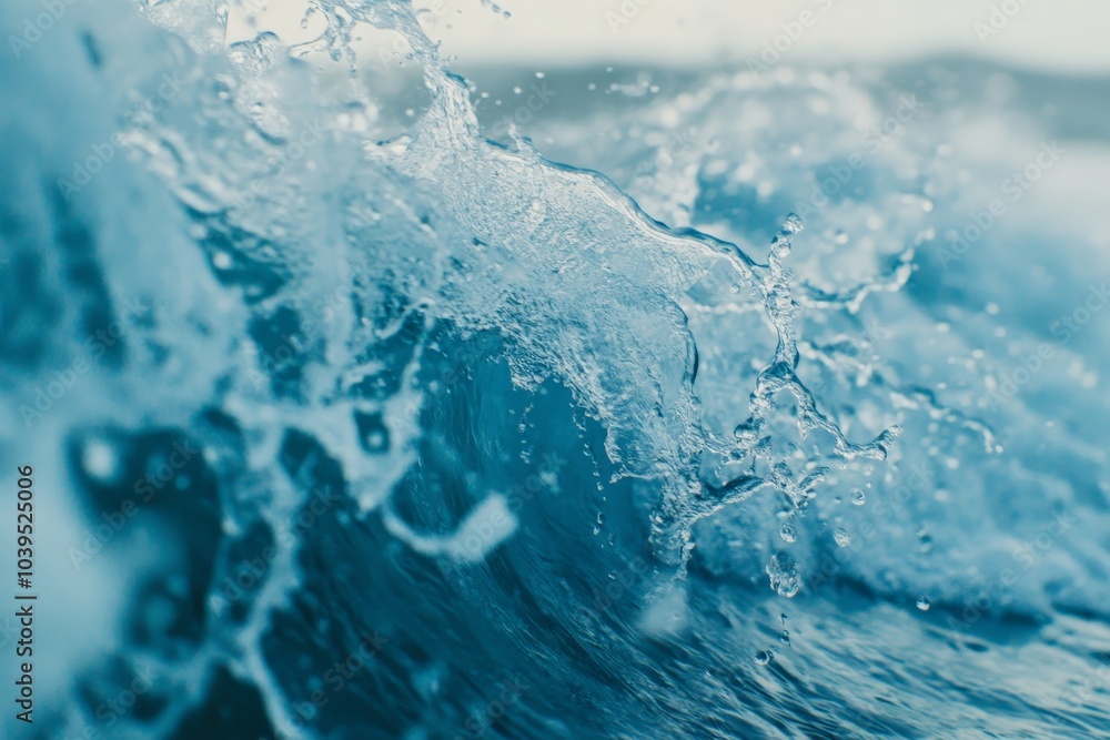 Poster a dynamic image capturing the energy and intricate textures of an ocean wave, with blues and whites 