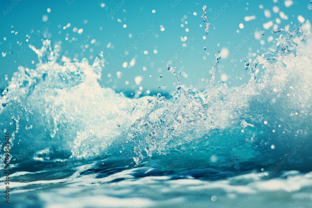 Poster a captivating close-up of ocean waves crashing with vibrant splashes of water, showcasing dynamic mo
