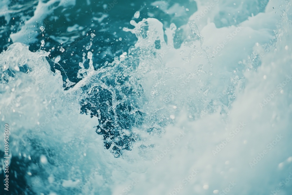 Poster a vibrant close-up of an aqua ocean wave with frothy white splashes, capturing the energy and motion