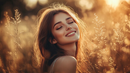 Fototapeta premium Szczęśliwa dziewczyna stoi na łące, rozpościerając ramiona w geście radości. Jej włosy lśnią w słońcu, a w oczach widać zachwyt nad otaczającą ją przyrodą. 