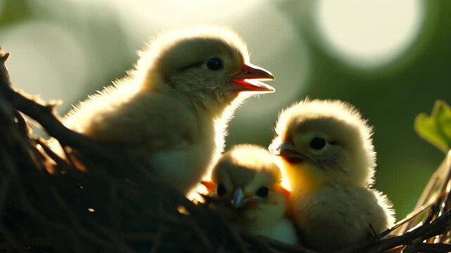 Little cute chicks in cozy nest on tree in forest, want to eat close up. Small adorable curious baby birds huddle together. Yellow fluffy feathers closeup. Innocence of youth. New avian life.