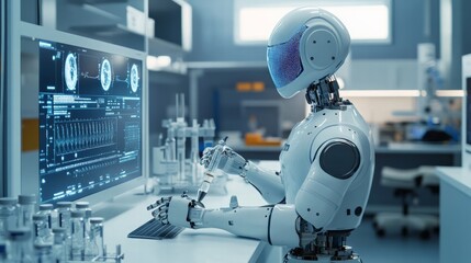 Advanced AI robot assisting in a modern laboratory with holographic displays, showcasing technological advancements in science and research in a sleek, futuristic environment