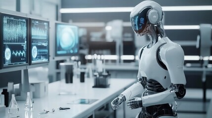 Advanced AI robot assisting in a modern laboratory with holographic displays, showcasing technological advancements in science and research in a sleek, futuristic environment
