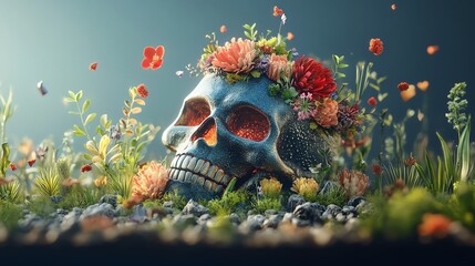 Glowing sugar skull with neon floral crown, bright blue and magenta hues, luminous glow