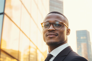 Fototapeta premium Young African American businessman is smiling while standing in front of office buildings in the city
