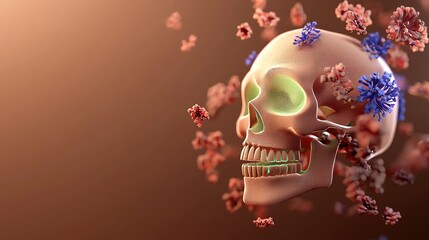 Luminous sugar skull in neon pink and green, intricate floral patterns, glowing background
