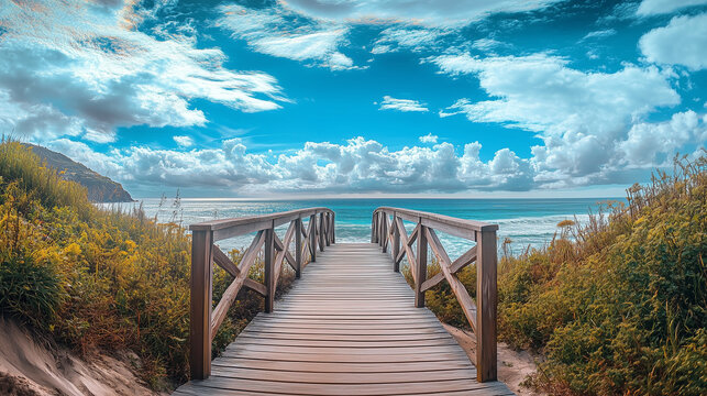 Panoramiczny widok przedstawia malowniczy mostek, kt&oacute;ry prowadzi do piaszczystej plaży.