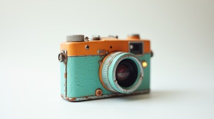 Fototapeta premium A retro-style camera painted in bright colors, positioned at an angle on a white backdrop.