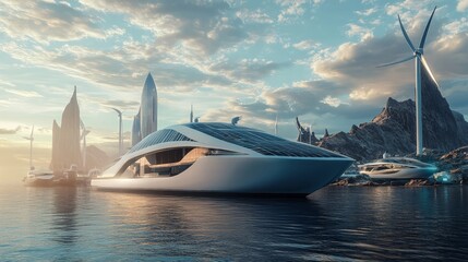 Modern electric yacht cruising through futuristic, eco-friendly marina with solar panels and wind turbines, representing innovation in sustainable maritime transportation