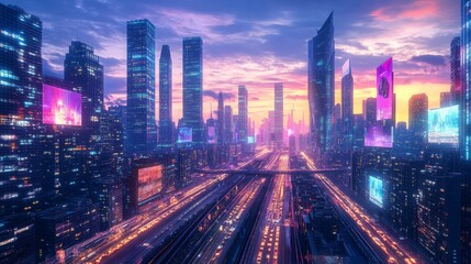 Fototapeta premium Sleek, high-tech urban cityscape at dusk, with towering skyscrapers and advanced transportation systems, featuring neon lights and holographic advertisements, creating a vibrant, modern environment