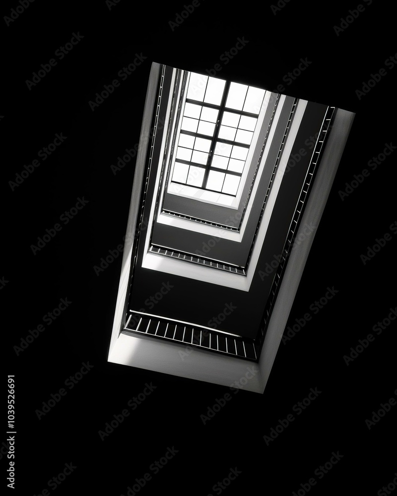 Poster a view from the bottom of a staircase with a skylight above. ai.