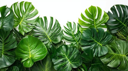 Green Tropical Monstera Leaves on White Background