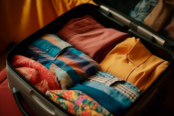 Close-up of precisely folded clothes in a suitcase, impeccable organization