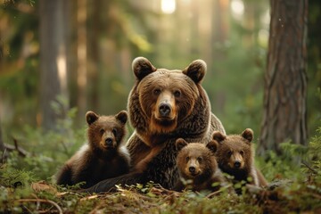 Obraz premium Brown Bear Family in Forest Setting with Cubs Looking at Camera