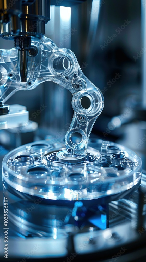 Poster a close-up view of a machine in a factory setting, with a metal arm and a clear plastic part being p