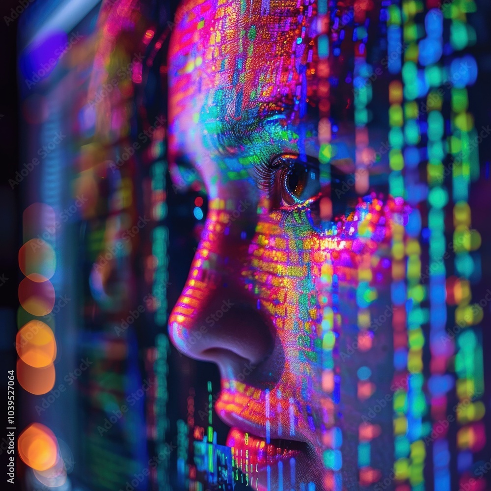 Poster a person's face is illuminated by a screen displaying colorful data. ai.