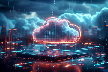 A futuristic concept illustration of cloud computing technology, featuring a vibrant cloud and digital network over a neon cityscape