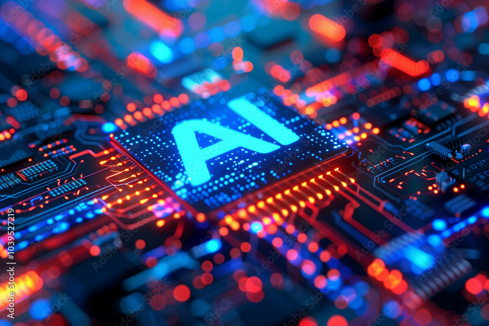 Poster advanced artificial intelligence technology concept on a circuit board with blue and red neon lights