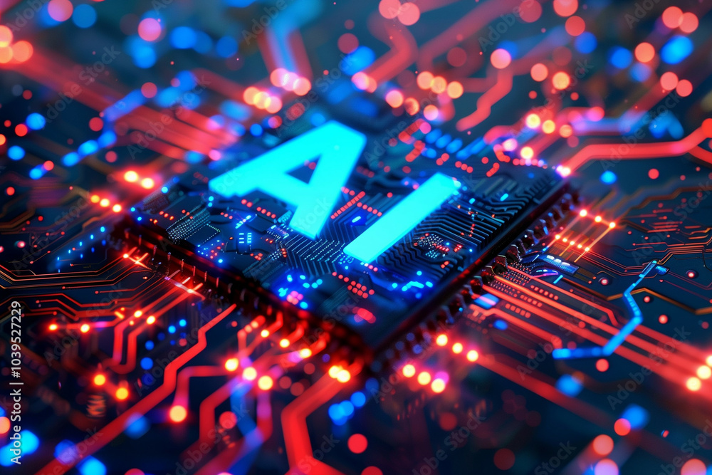 Poster advanced artificial intelligence technology concept with illuminated blue ai text on futuristic circ