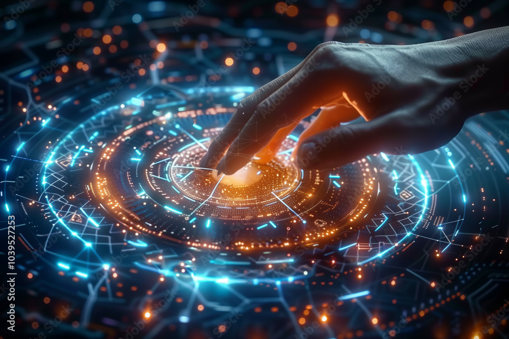 Poster a futuristic concept of interactive digital interface with a human hand engaging with glowing circui