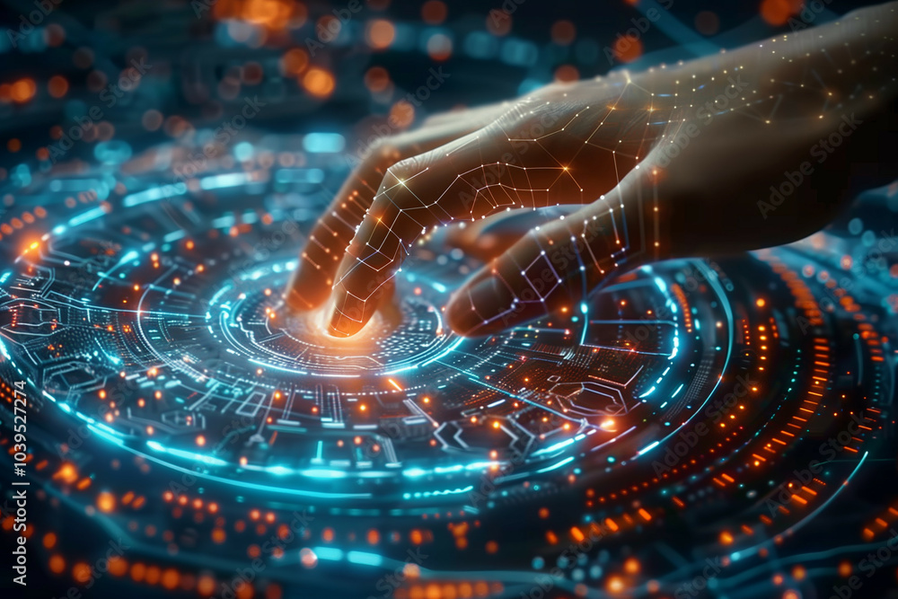 Poster futuristic hand interface interaction with glowing digital elements in a high-tech, cybernetic envir