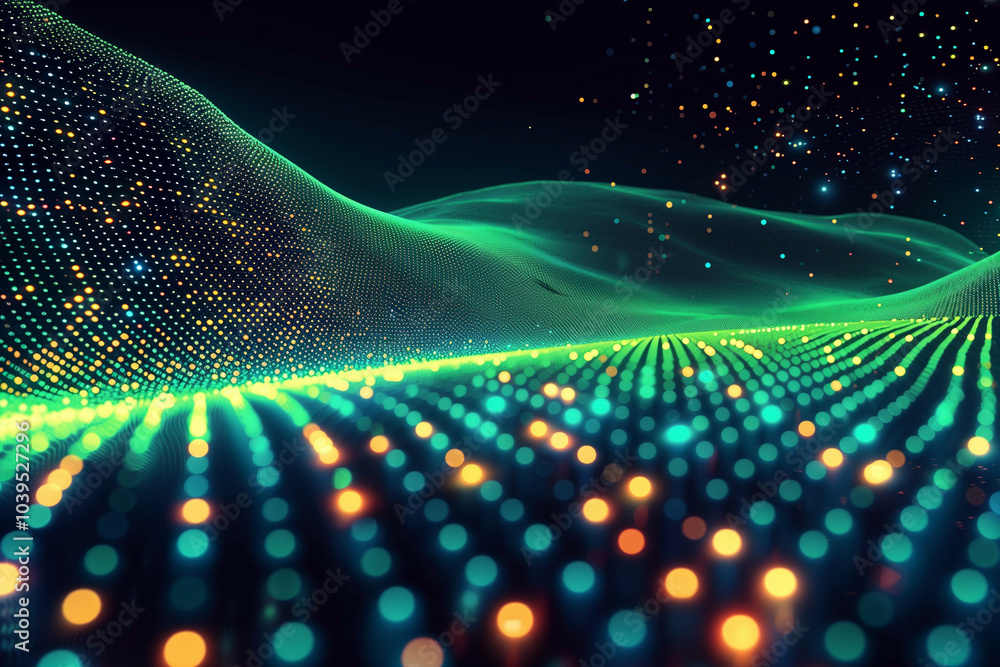 Poster dynamic futuristic digital landscape with vibrant light patterns and flowing waves