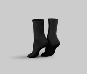 Black long socks template 3D rendering, side view, on tiptoes, gaiters for design, branding. Wear for feet, isolated on background.