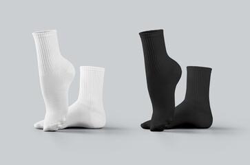 Mockup of white, black medium socks 3D rendering, side view, one foot stretched, sportswear with...