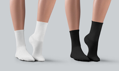 Mockup of white, black medium socks on women's legs, side view, one ankle stretched, fashion sportswear for foot, for design, brand. Set