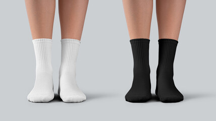 Mockup of white, black medium gaiters on female beautiful legs, front view, sportswear with elastic band for foot isolated on background.