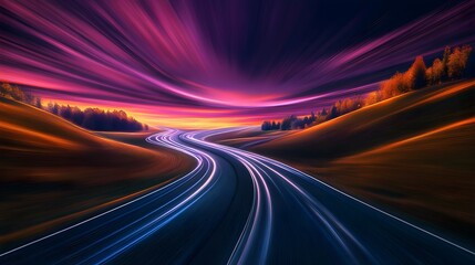 Obraz premium a bendy road with light trails and noctilucent clouds