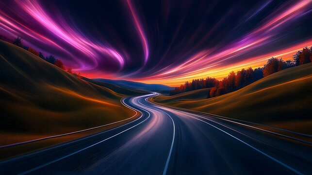 a bendy road with light trails and noctilucent clouds