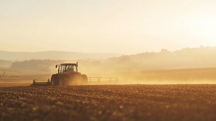 Fototapeta premium A tractor plows a field at sunset, leaving a trail of dust behind it.