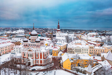 Aerial View of Tallinn in winter with Alexander Nevsky Cathedral, roofs with snow, Christmas mood