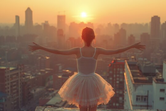 A ballerina stands on a rooftop, arms outstretched, facing a city skyline as the sun rises. AI. - Powered by Adobe