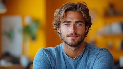 Obraz premium A man with a beard and blue shirt is smiling at the camera. He is sitting at a table in a room with a yellow wall