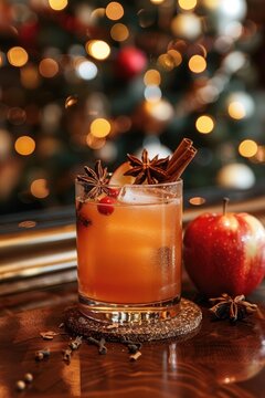 Hot rum punch with spices and apples, against a Christmas tree on the bar.