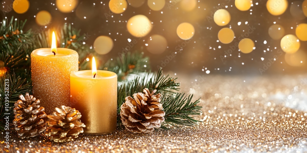 Poster a candle display with two candles and pine cones on a table. the candles are lit and the pine cones 