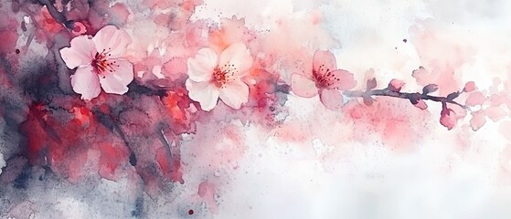 Fototapeta premium A watercolor painting of a pink flower branch with pink flowers. The painting has a soft, delicate feel to it, and the pink flowers are arranged in a way that creates a sense of movement and flow
