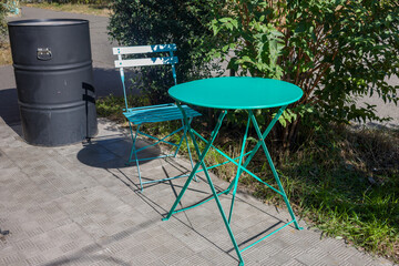 Outdoor Coffee on a Bright Green Table