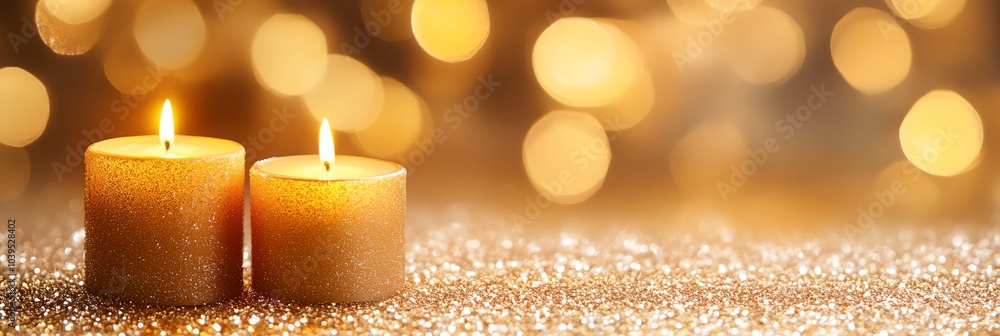 Poster two candles are lit on a table with a gold background. the candles are small and have a warm glow, c