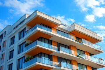 Obraz premium A tall building with balconies and a balcony railing. The building is white and has a brown trim. The sky is blue and there are clouds in the background