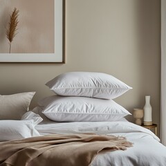 A cozy bedroom scene with stacked pillows and soft textiles for relaxation.