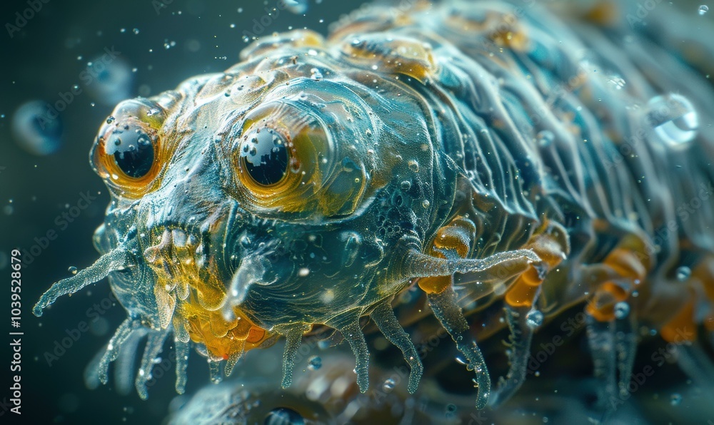 Poster a microscopic creature with large eyes and a segmented body. ai.