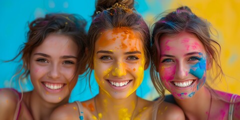 Fototapeta premium Three women are smiling and wearing colorful face paint. They are posing for a picture and seem to be having fun