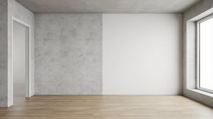 Obraz premium A modern grey interior space showcased in a before-and-after format, featuring a mock-up placed on a white concrete wall alongside wooden elements.