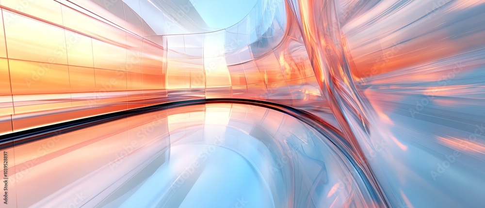 Poster a blurry image of a room with a large window and a reflection of the sky. the room is empty and the 