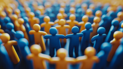 Obraz premium Blue and yellow figures standing in unity, forming a circle at a community event on a sunny afternoon