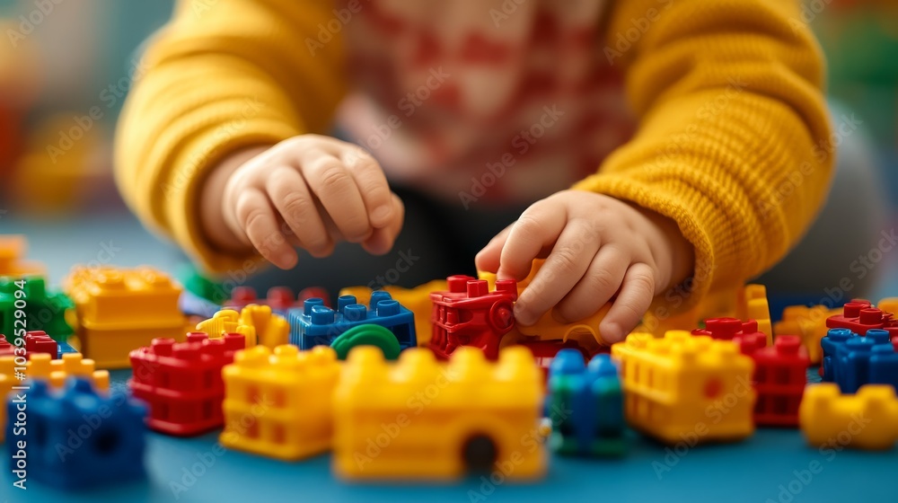 Poster a child hands play with colorful building blocks, exploring creativity and developing fine motor ski